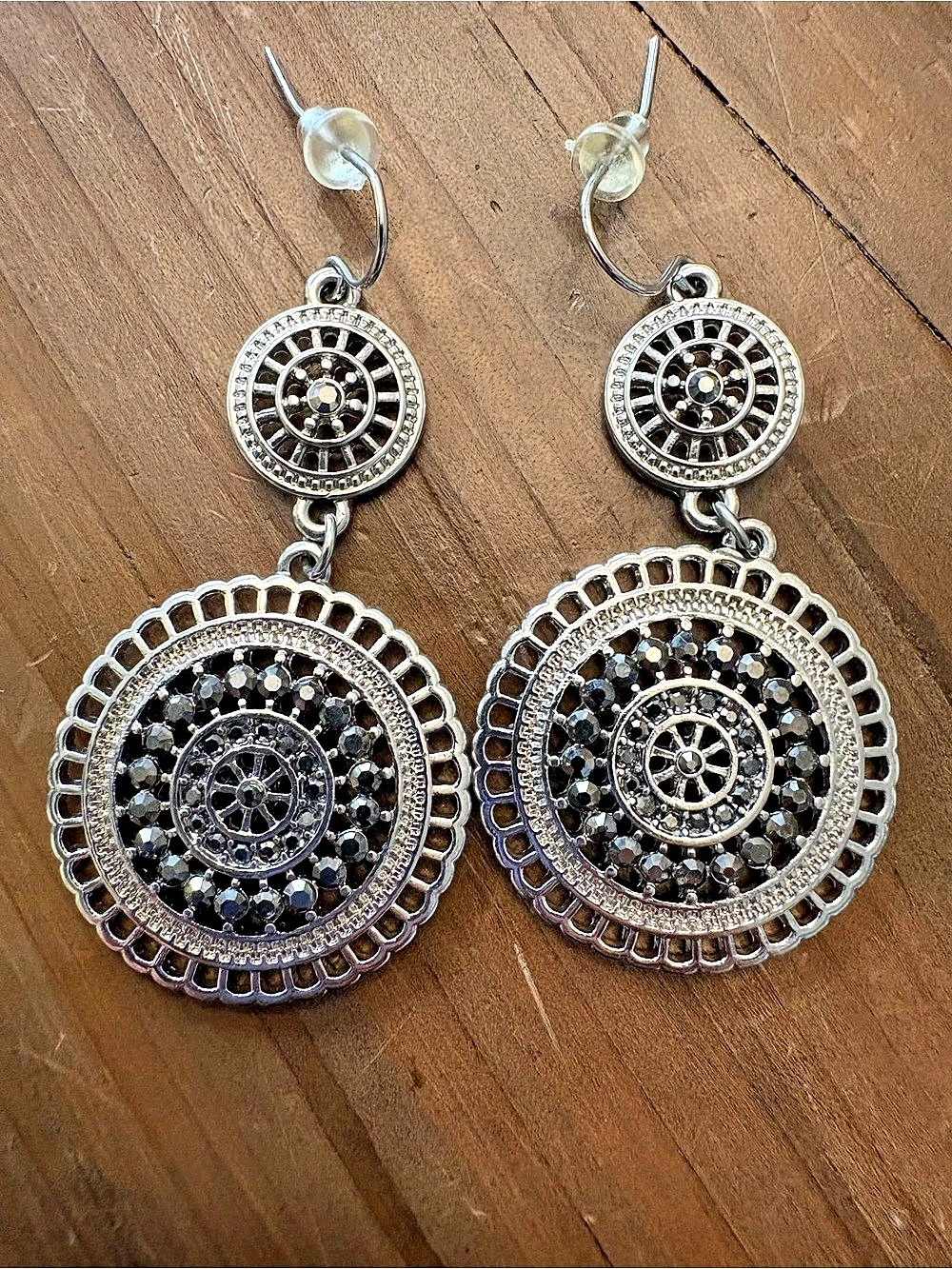 Boho Antique Silver Black Rhinestone Filigree Mandala Drop Earrings